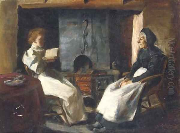 A fireside story Oil Painting by Continental School