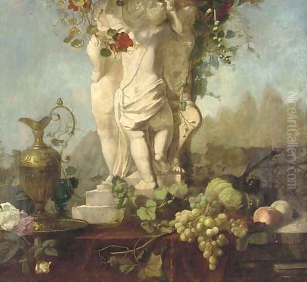 A Grecian statue with fruit and foliage and a bronze ewer Oil Painting by Continental School