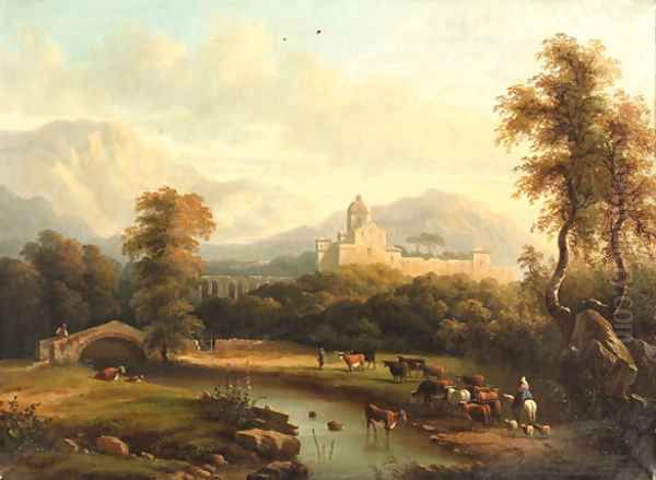 A mountainous river landscape with a drover Oil Painting by Continental School