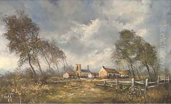 A rustic landscape, with a church and buildings beyond Oil Painting by Continental School