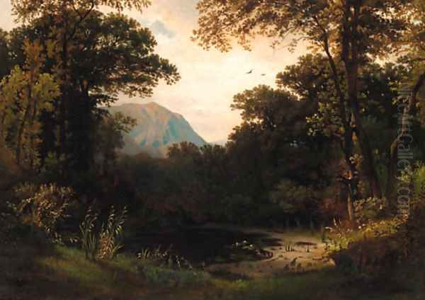 A woodland pond with mountains beyond Oil Painting by Continental School