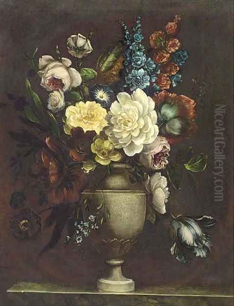 Assorted flowers in an urn on a stone ledge Oil Painting by Continental School