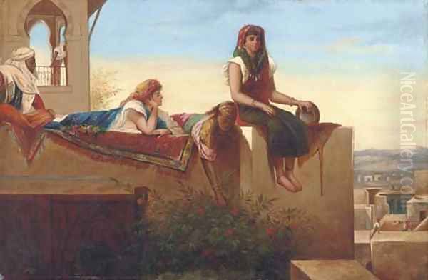 Eastern beauties reclining on a rooftop Oil Painting by Continental School