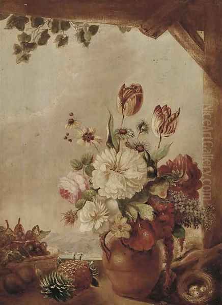 Flowers in a jug, a bird's nest and fruit on a window ledge Oil Painting by Continental School