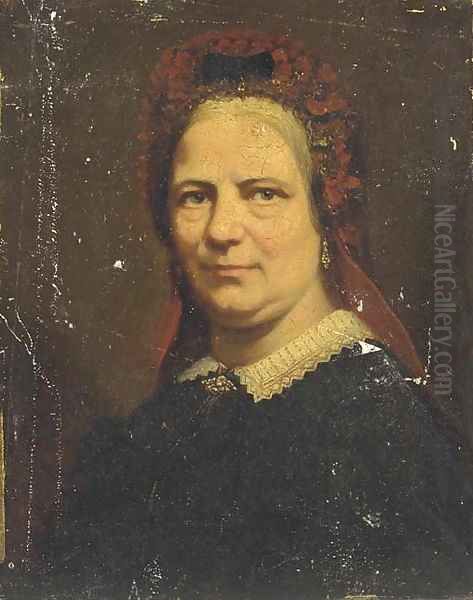 Portrait of a lady, bust-length, with a red head-dress Oil Painting by Continental School