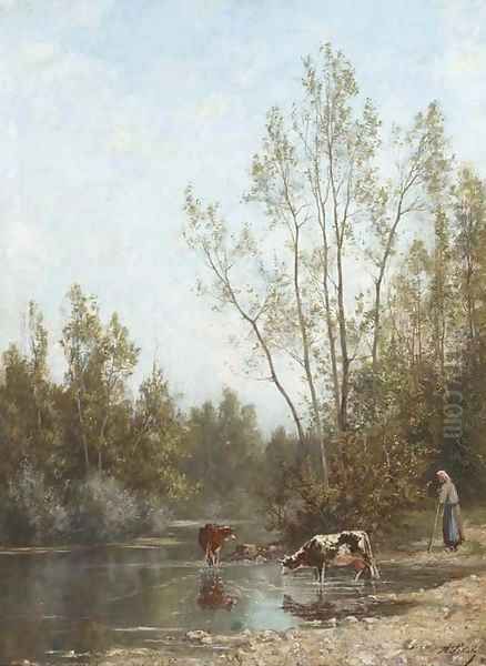 Watering cattle at the edge of the river Oil Painting by Continental School