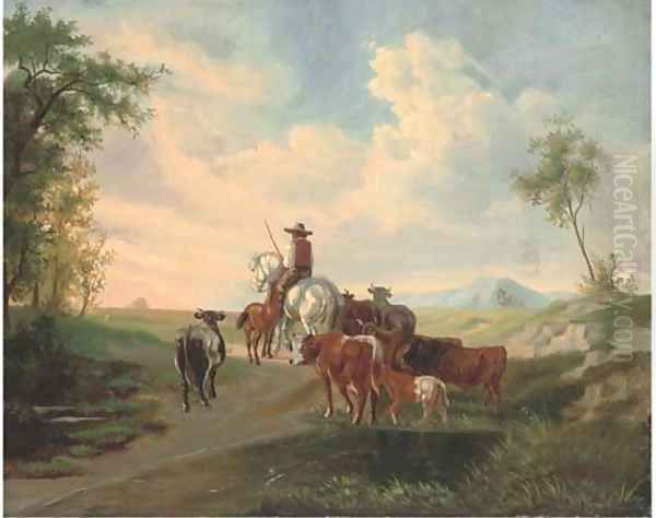 A herder and his cattle, in an extensive landscape Oil Painting by Continental School