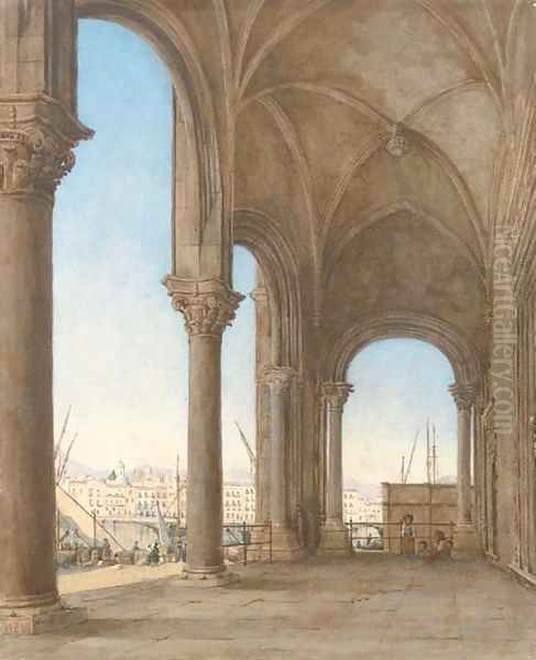 A loggia by the harbour of an Italian town Oil Painting by Continental School