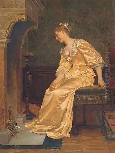 An elegant lady seated before a fire Oil Painting by Continental School