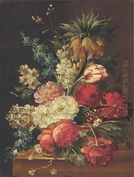 Flowers in a bowl on a stone ledge Oil Painting by Continental School