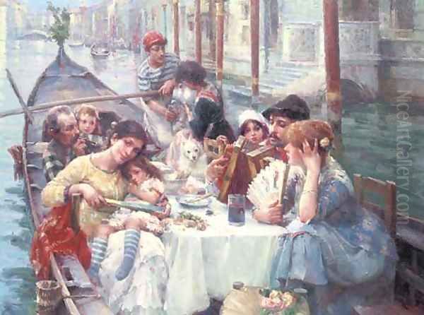 Lunch on the canal, Venice Oil Painting by Continental School