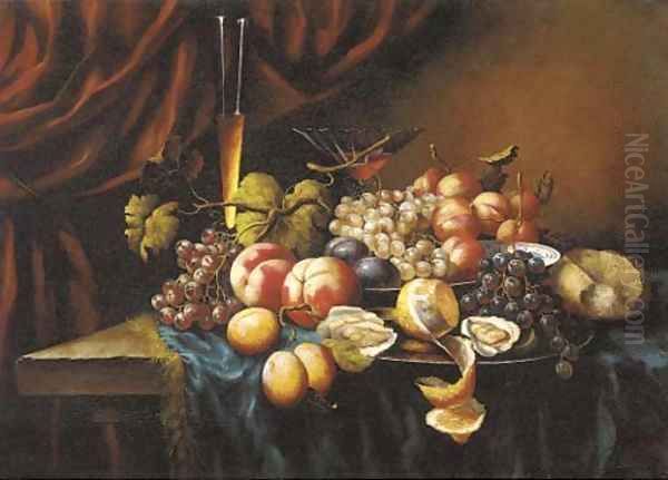 Oysters, bread, plates of grapes, peaches, plums and a lemon before wine glasses on a table Oil Painting by Continental School