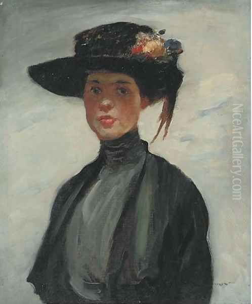 Portrait of a lady, half-length, in a black dress and hat Oil Painting by Continental School