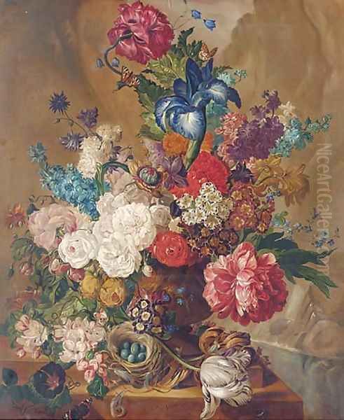 Summer flowers, including irises, tulips, roses in vase, with a bird's nest and eggs to the side Oil Painting by Continental School