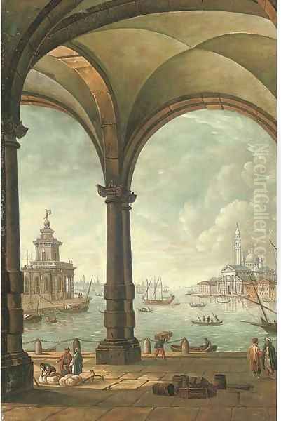 View out to the Customs House and San Giorgio Maggiore, Venice Oil Painting by Continental School