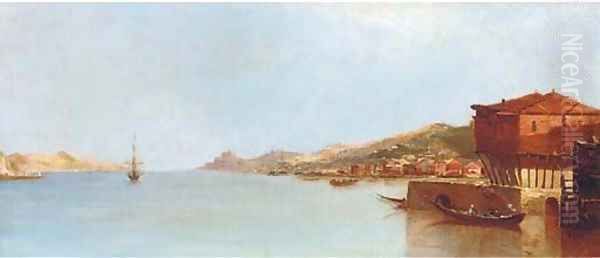 A calm day off a Mediterranean harbour, thought to be Corsica Oil Painting by Continental School