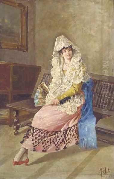 A seated lady in lady in spanish dress Oil Painting by Continental School