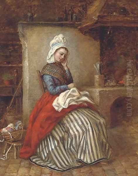 A young woman seated in a kitchen interior Oil Painting by Continental School