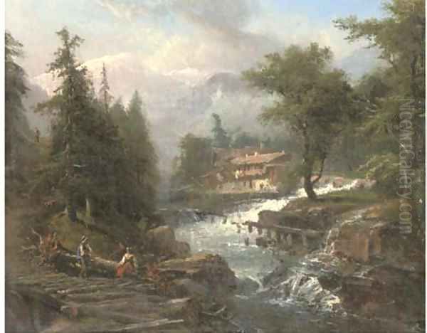 An Alpine chalet beside a stream Oil Painting by Continental School