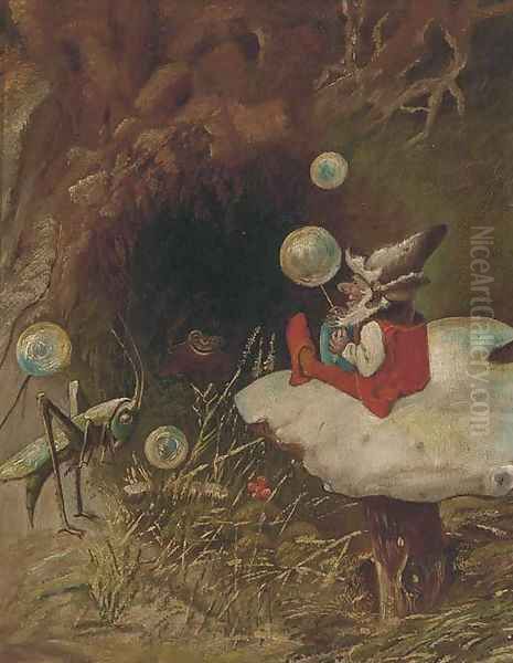 An elf on a toadstall with a grasshopper Oil Painting by Continental School