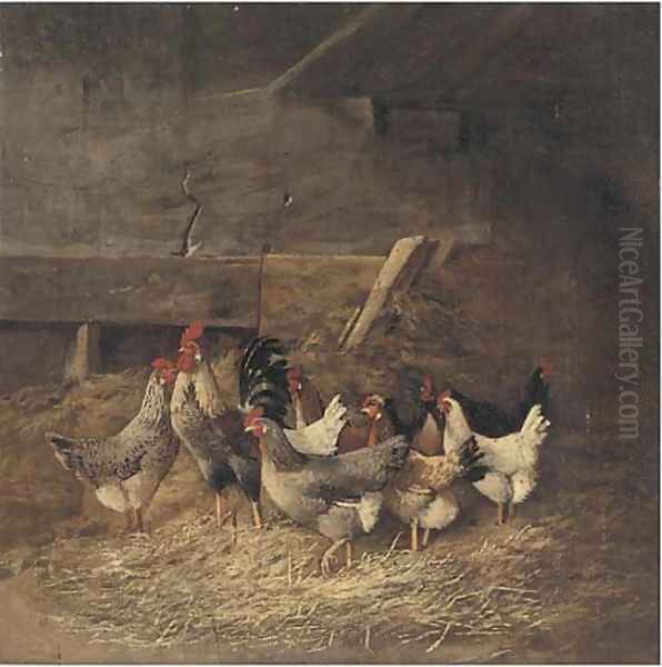 Chickens in a barn Oil Painting by Continental School