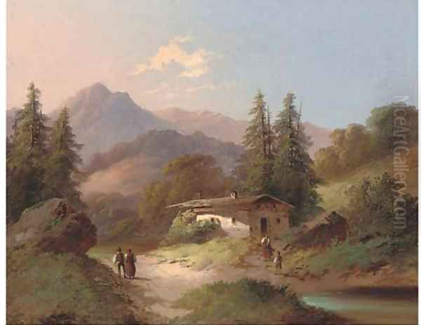 Figures by a chalet, in an Alpine landscape Oil Painting by Continental School