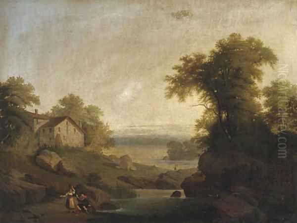 Figures gossiping by a pond, in an Italianate landscape Oil Painting by Continental School