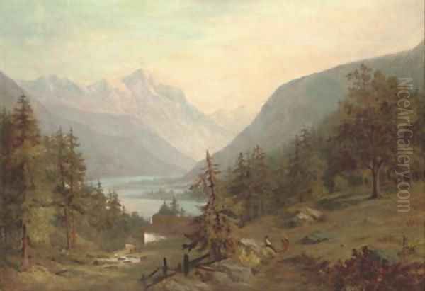 Figures in an extensive alpine landscape Oil Painting by Continental School