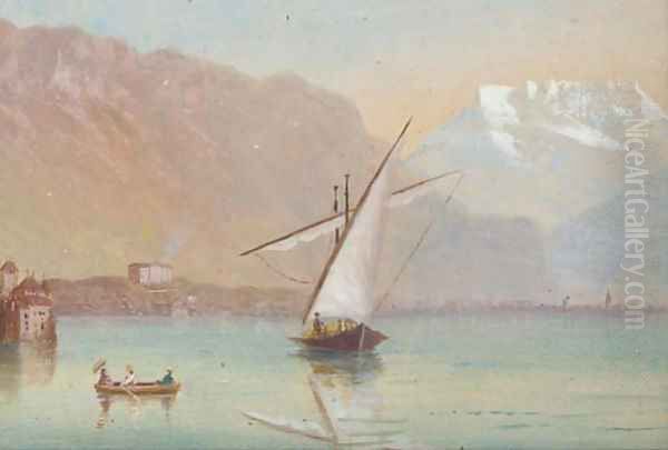 Fishing vessels on Lake Geneva Oil Painting by Continental School