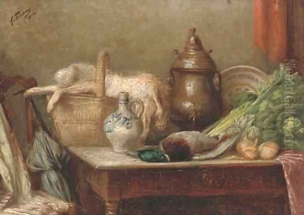 Hare, duck, cabbage, onions and a jug on a table Oil Painting by Continental School