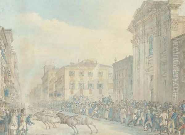 Horses triumphantly charging through an Italian town, thought to be Turin Oil Painting by Continental School