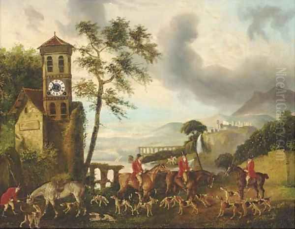 Huntsmen in an Italianate lake landscape, a clock picture Oil Painting by Continental School