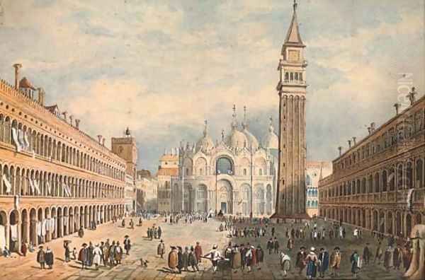 St Mark's Square, Venice (illustrated); and A view of a German town on the Rhine Oil Painting by Continental School