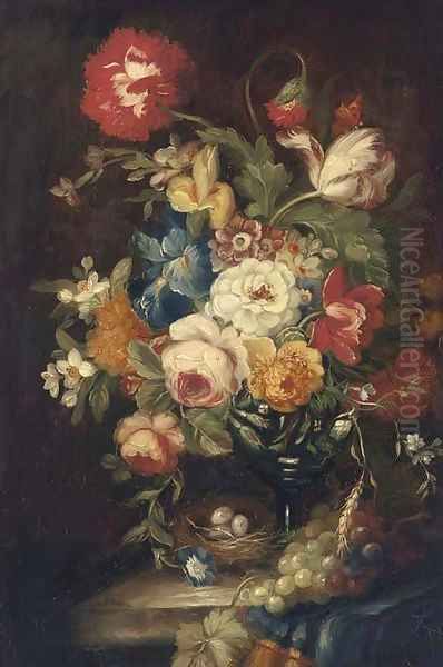 Summer flowers in a vase on a stone ledge with a bird's nest Oil Painting by Continental School