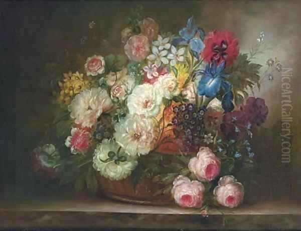 Summer flowers in a wicker basket Oil Painting by Continental School