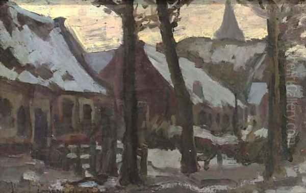 Buildings in the snow Oil Painting by Continental School