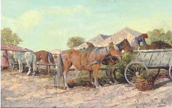 Feeding the horses Oil Painting by Continental School