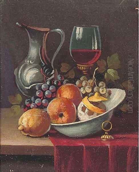 Oranges in a bowl, with grapes, a glass of wine and a ewer to the side Oil Painting by Continental School