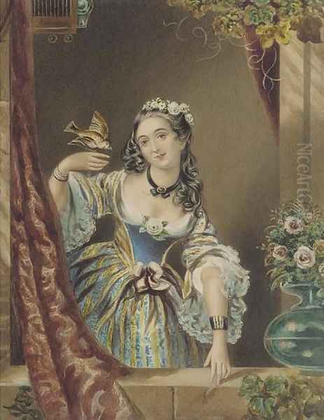 Portrait of a young lady by a ledge, with a bird in her hand Oil Painting by Continental School