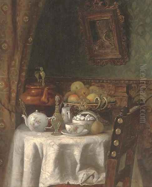 The breakfast table; and The spinning wheel Oil Painting by Continental School