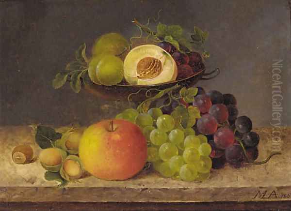 Plums, peaches, grapes in a tazza, and hazelnuts on a ledge alongside Oil Painting by German School