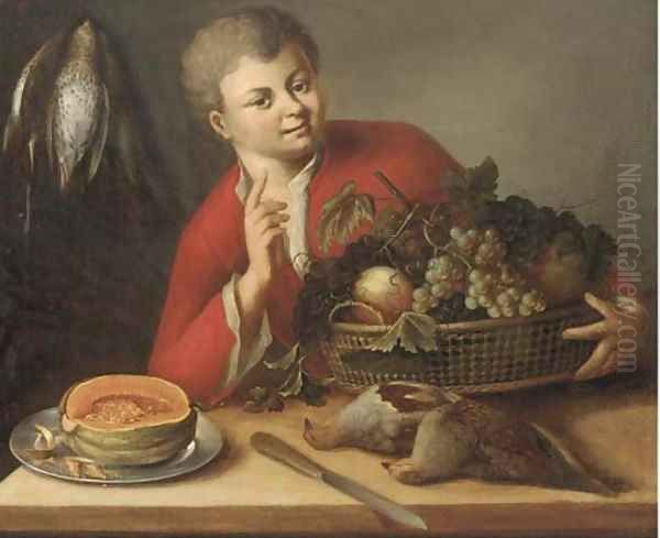 A boy holding a basket of grapes and peaches by a table with partridges and half a melon Oil Painting by German School