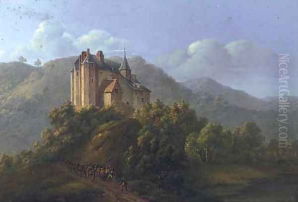 French soldiers before a castle in a Bavarian landscape Oil Painting by German School