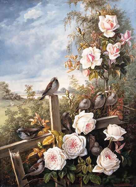 Roses with Sparrows pearched on a Fence in a Landscape Oil Painting by German School