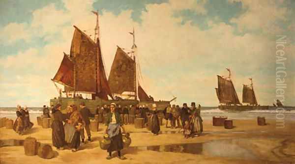 A fish-auction on the Dutch coast Oil Painting by German School