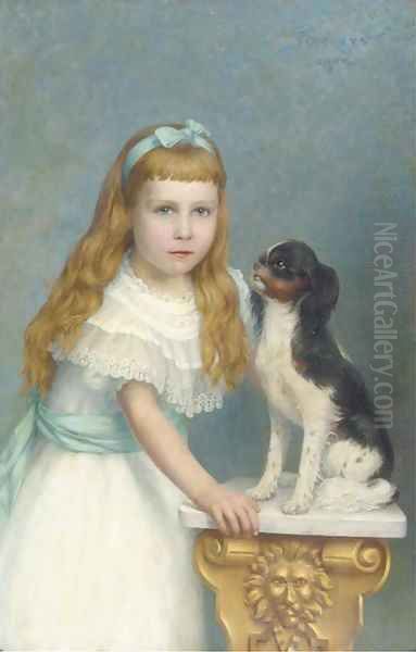 A girl with her Prince Charles Spaniel Oil Painting by German School