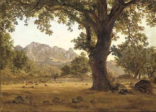 A massive oak tree in an extensive mountain landscape Oil Painting by German School