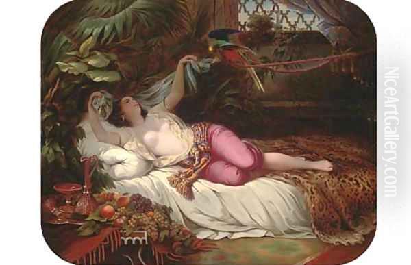 A parrot entertaining a harem favourite Oil Painting by German School