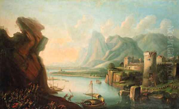 A fortress by a river under siege Oil Painting by German School