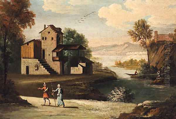 A river landscape with travellers on a track, a farmstead and anglers beyond Oil Painting by German School